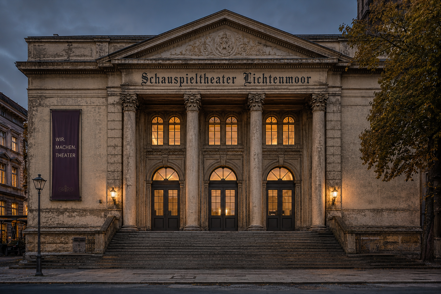 Fassade des Schauspieltheater Lichtenmoor bei Dämmerung, festlich beleuchtet