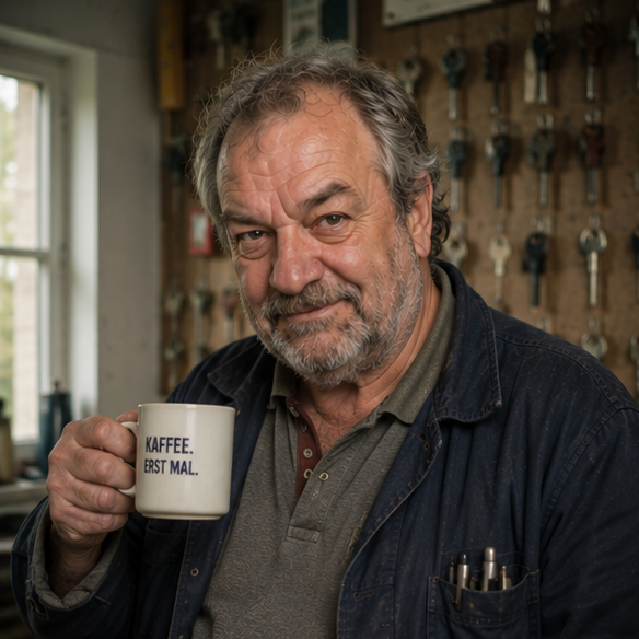 Wilfried Bergmann, Hausmeister, mit einer Tasse Kaffee